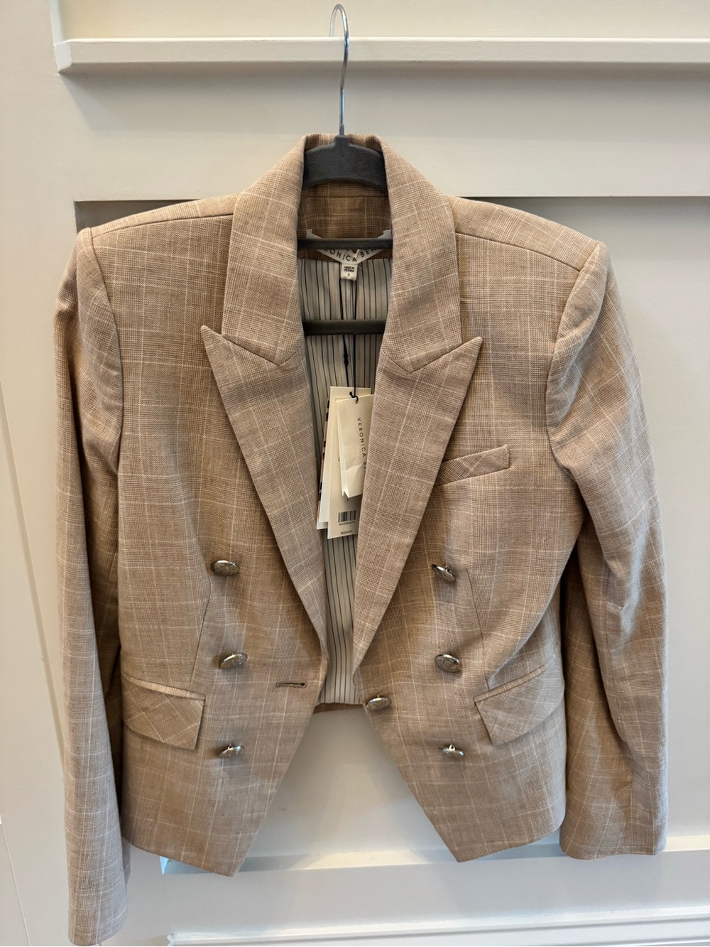NWT Veronica Beard Beige Plaid Double-Breasted Blazer